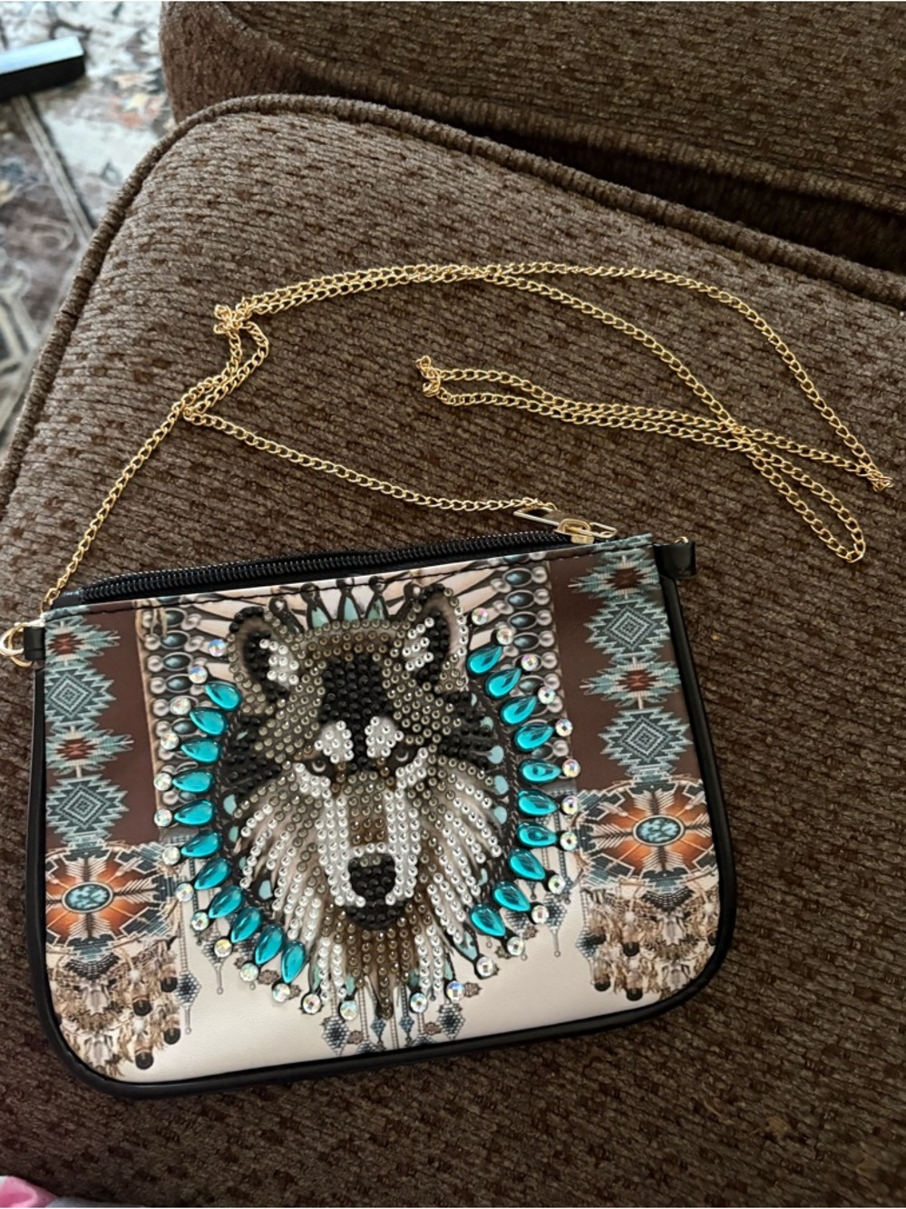 Embellished Wolf Print Crossbody Bag - Turquoise Accents